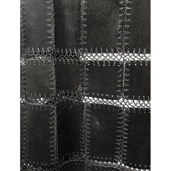 Vintage Crochet Suede‎ Leather Vest Black Embroidered Patchwork Western Boho - Picture 6 of 6